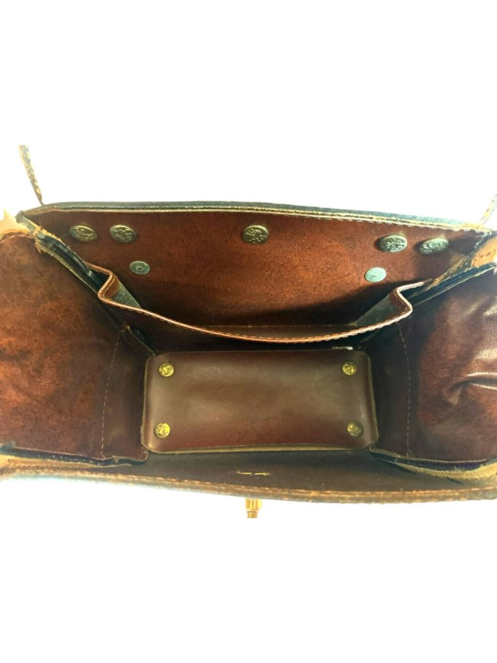 Vintage Leather Purse Bag Handbag Brown Gold Trim Lion Mod 60s 70s - Picture 6 of 9